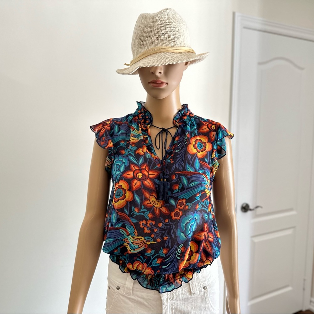 NWT Colorful Boho Top with Tassels~Navy Blue Orange Floral Sleeveless HIGHLINE